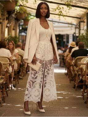Festival Boho entro Cream Lace Maxi Skort with Sheer Overlay
